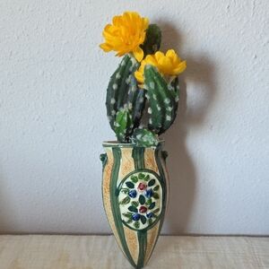 Handcrafted Ceramic Cactus Vase with Yellow Flowers